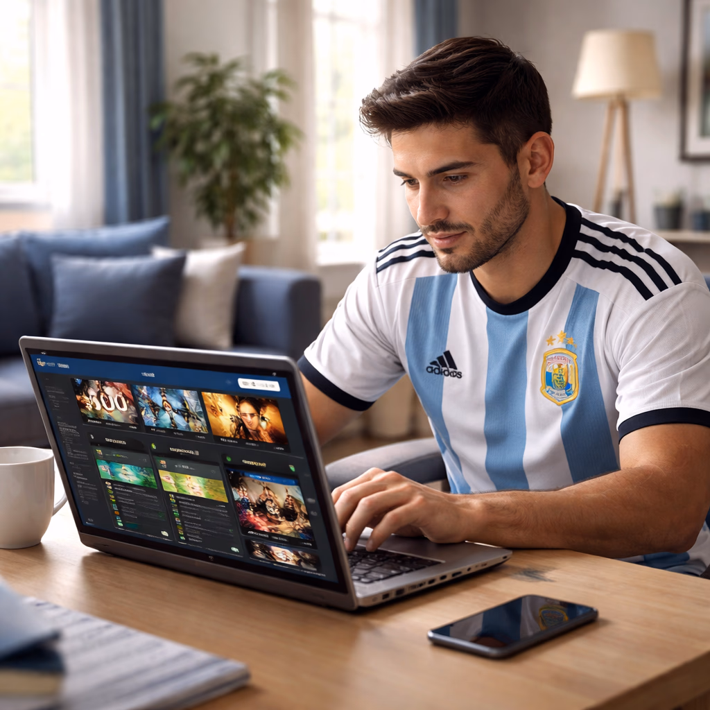 An Argentine player using Betitor on a laptop while tracking casino and betting options in a bright modern room.