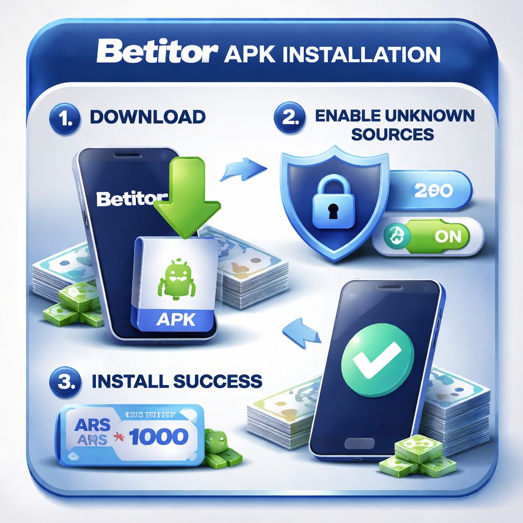 Step-by-step visual of Betitor APK installation on a smartphone with clear download and security icons