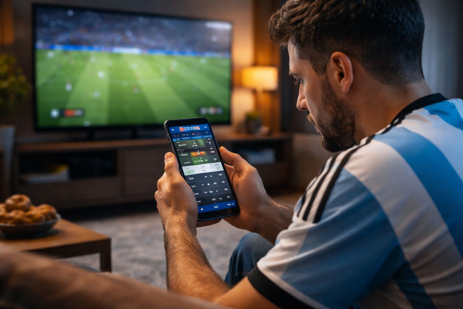 A focused sports bettor in Argentina using a smartphone to review Betitor live betting odds during a match.