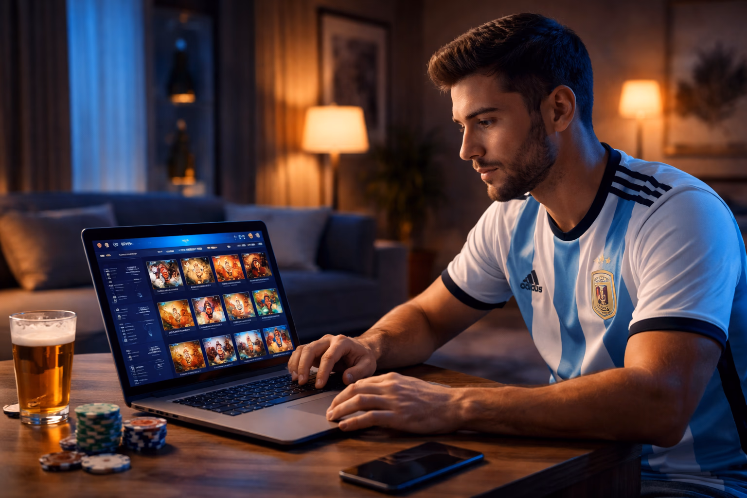 Argentinian player using a laptop to browse Betitor casino categories and featured titles