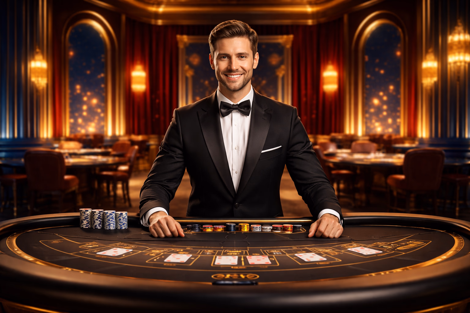 Live dealer at a Betitor casino table with bright studio lights and an inviting professional setup