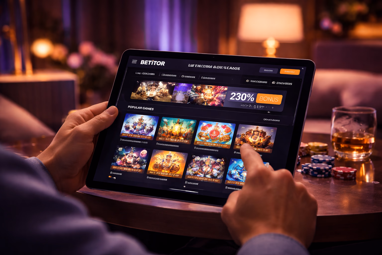 A confident user exploring Betitor casino games on a tablet in a stylish interior with glowing screens and warm lighting.