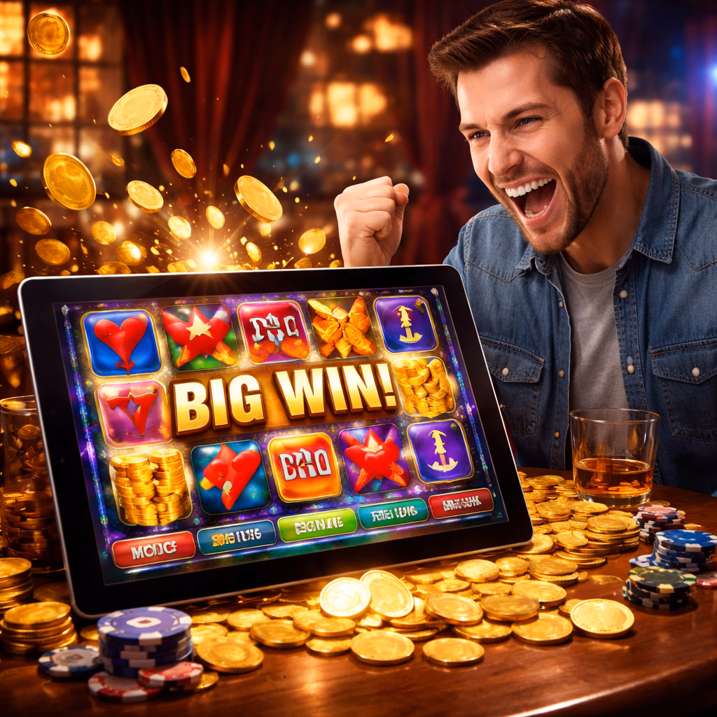A happy Argentine player celebrating a successful Betitor slot session on a tablet with bright symbols on screen.